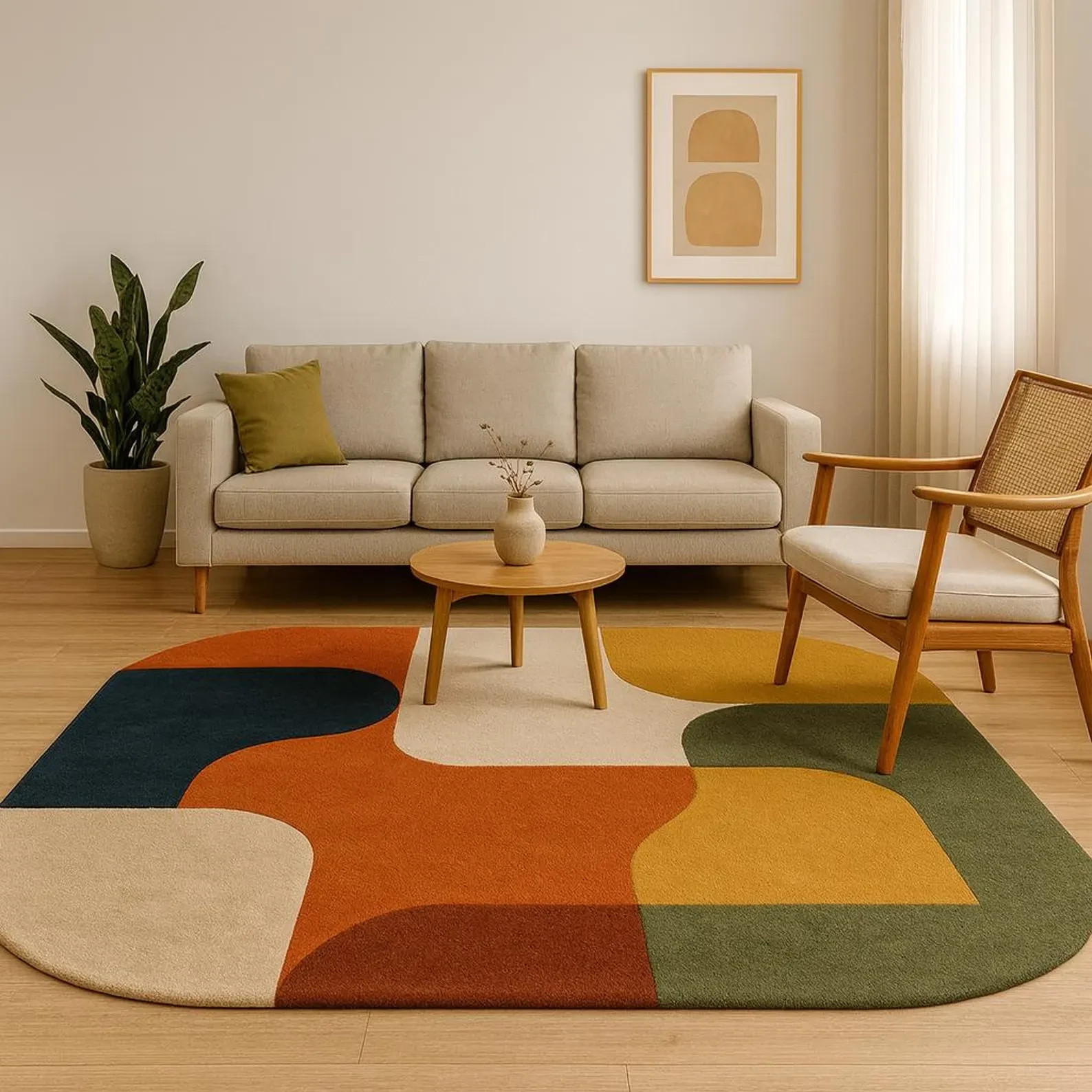 Abstract Tufted Wave Terracotta Green Orange Beige Mid Century Modern Floor Rug