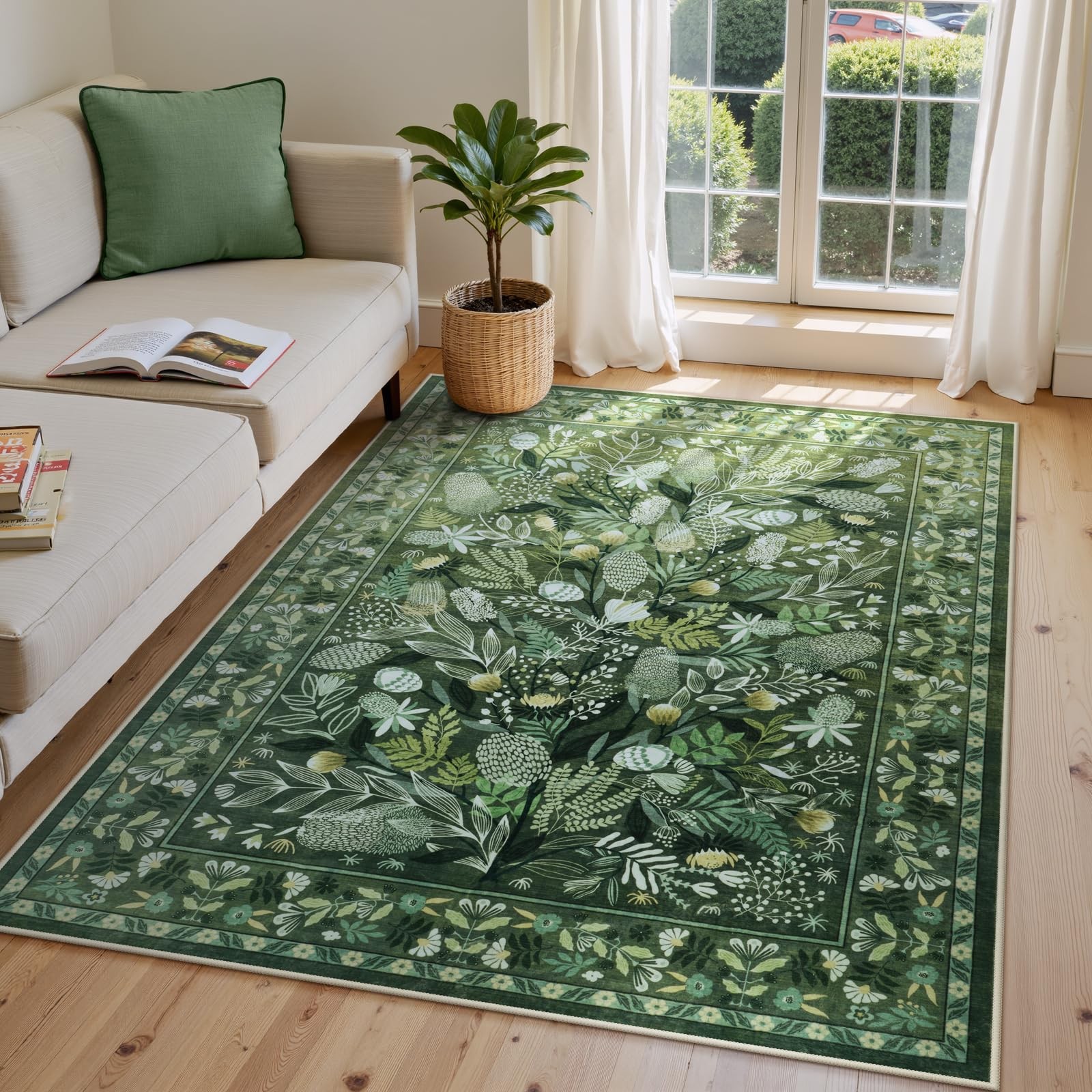 New Anidaroel Green Botanical Floral Washable 5×7 Area Rugs, Abstract Large Rugs