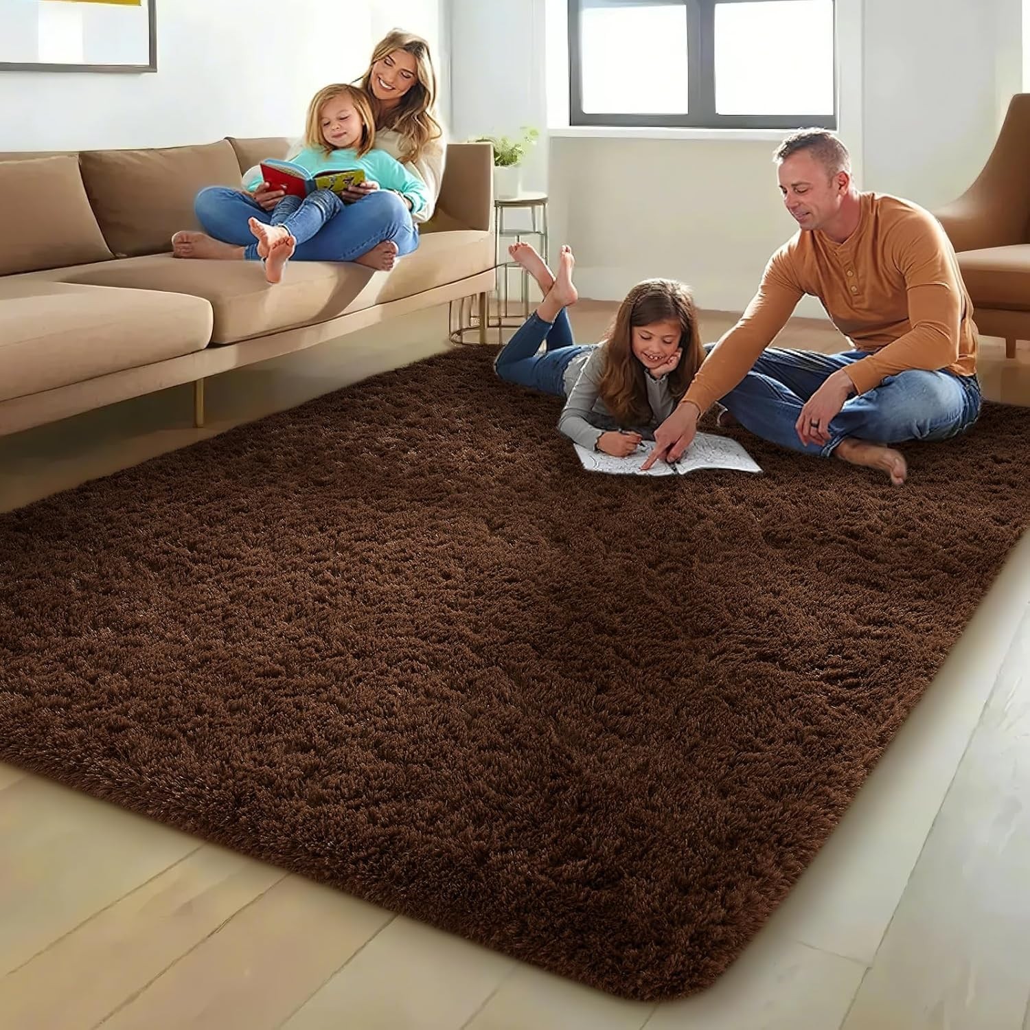 Fluffy Area Rugs Soft Shag Plush Brown Carpet Mat for Living Room Bedroom Floor