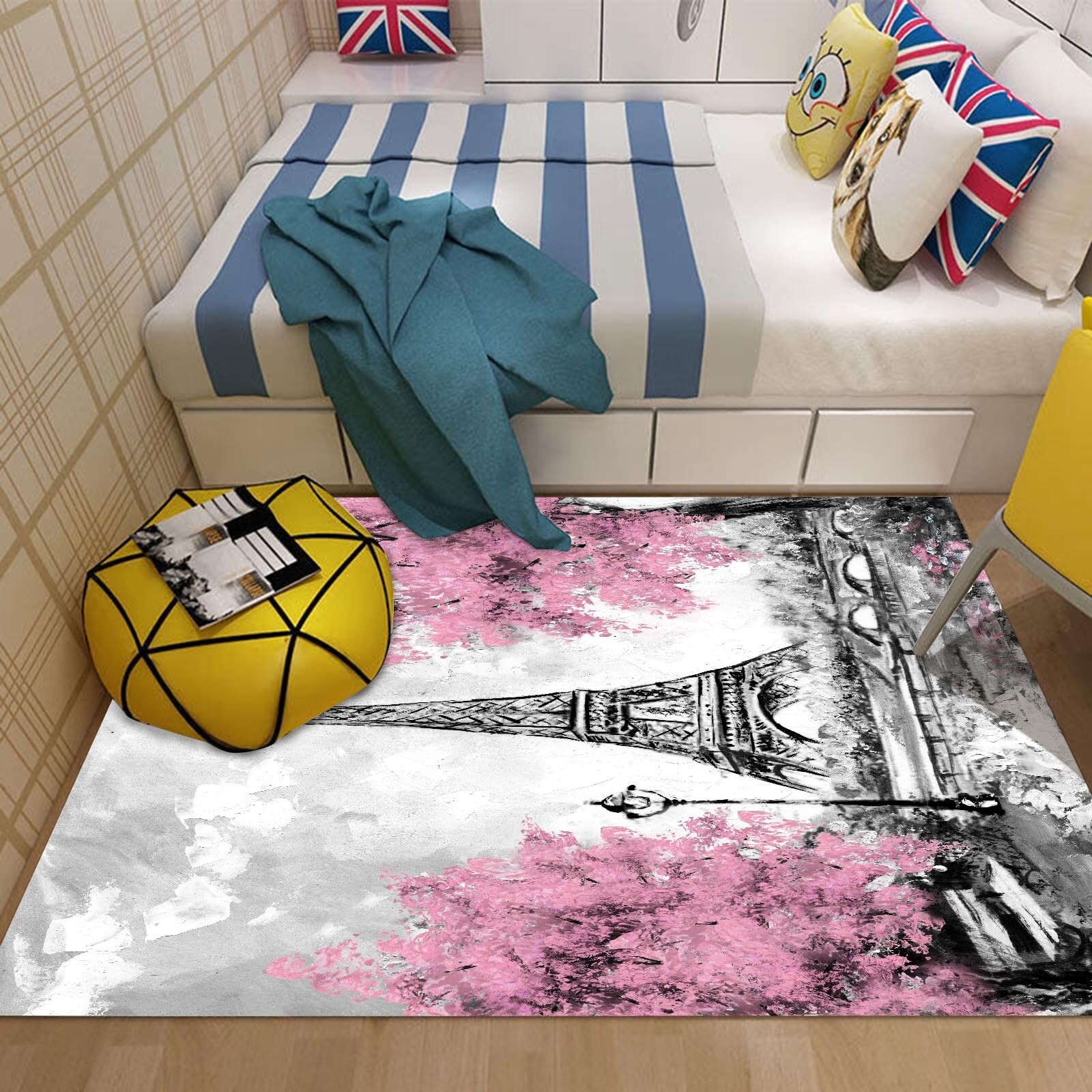 kxry 4 * 6 Feet Pink and White Paris Eiffel Tower Soft Area Rugs for Kids Gir…