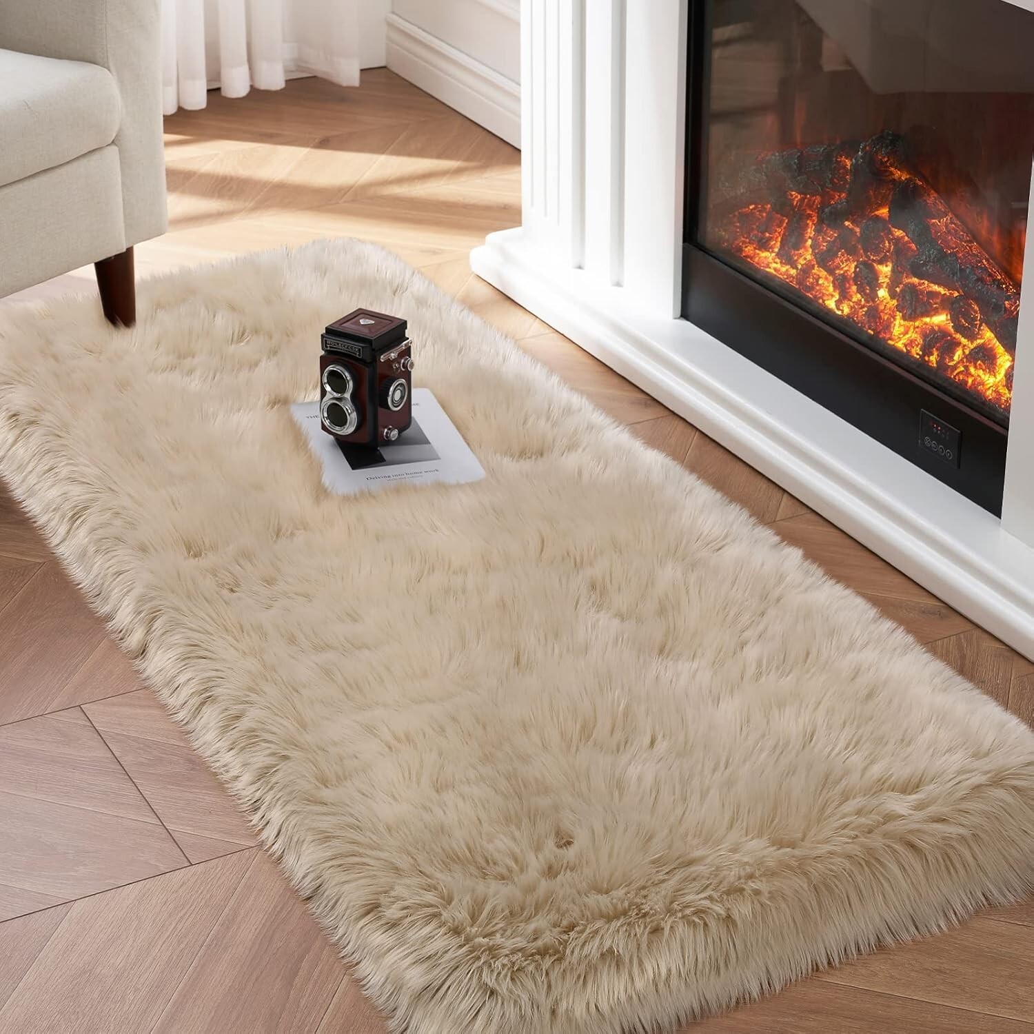 2X4 Ft Soft Faux Fur Area Rug Beige Fluffy Rug Plush Chair Cover for Room Decor