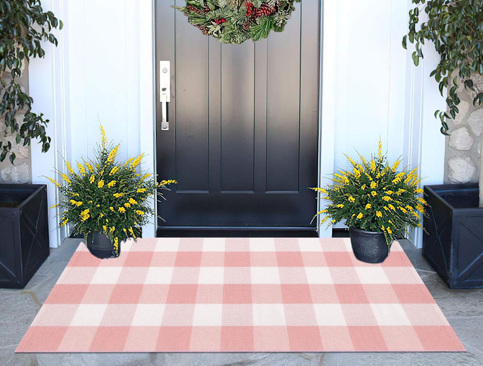 Pink and White Buffalo Outdoor Rug 24”x51”Checkered Plaid Front Porch Rug C…