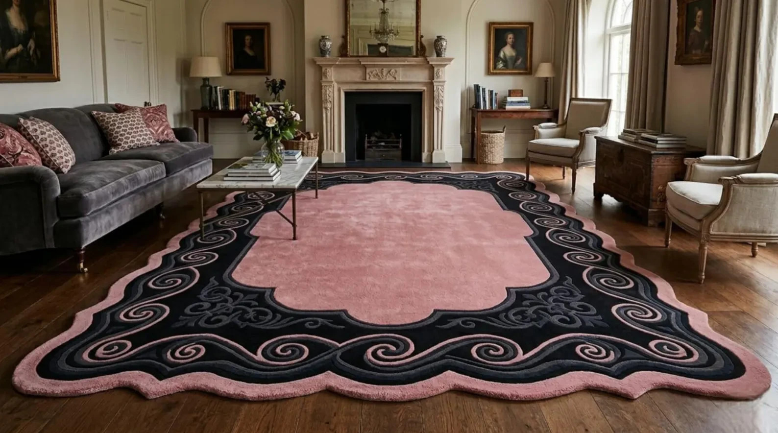 Luxury Blush Pink Black Rug Irregular Shape Area Rug Hand Tufted Wool Rug, Scall