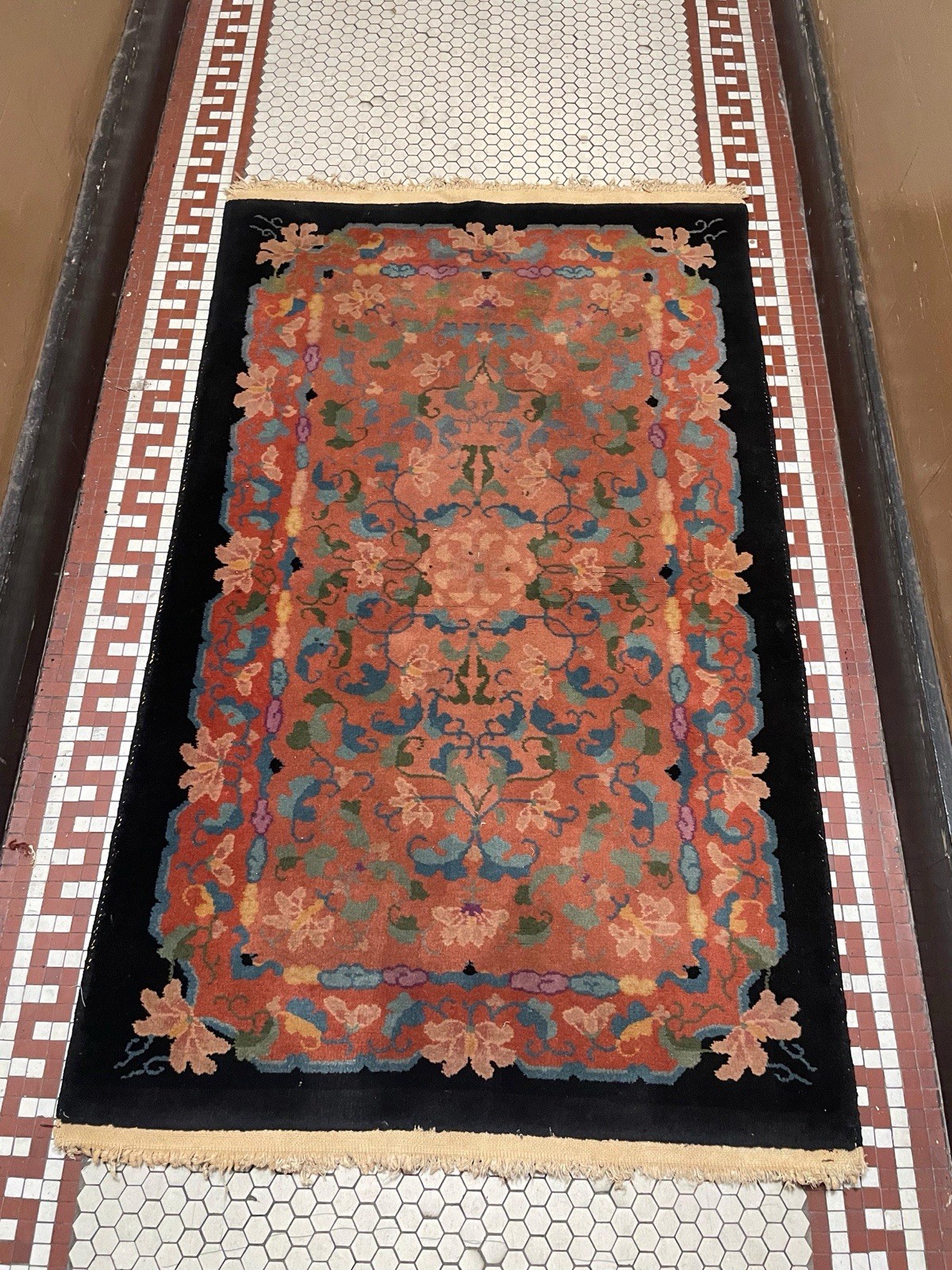 Antique 1920s Chinese Art Deco Rug 3×5 | Black Ground Terracotta Allover Floral