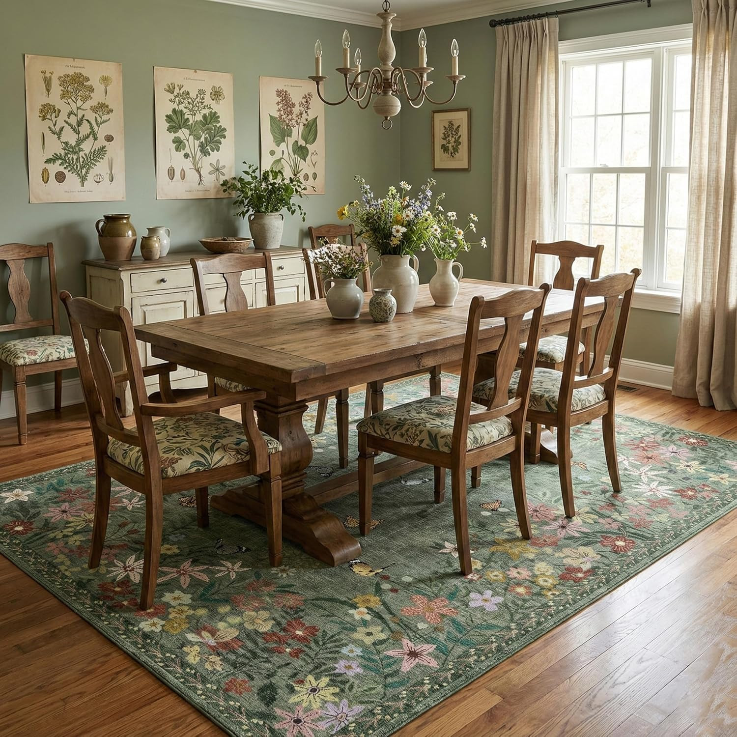 4X6 Area Rug Green, Floral Rugs for Living Room, Lightweight Non Slip Washable R