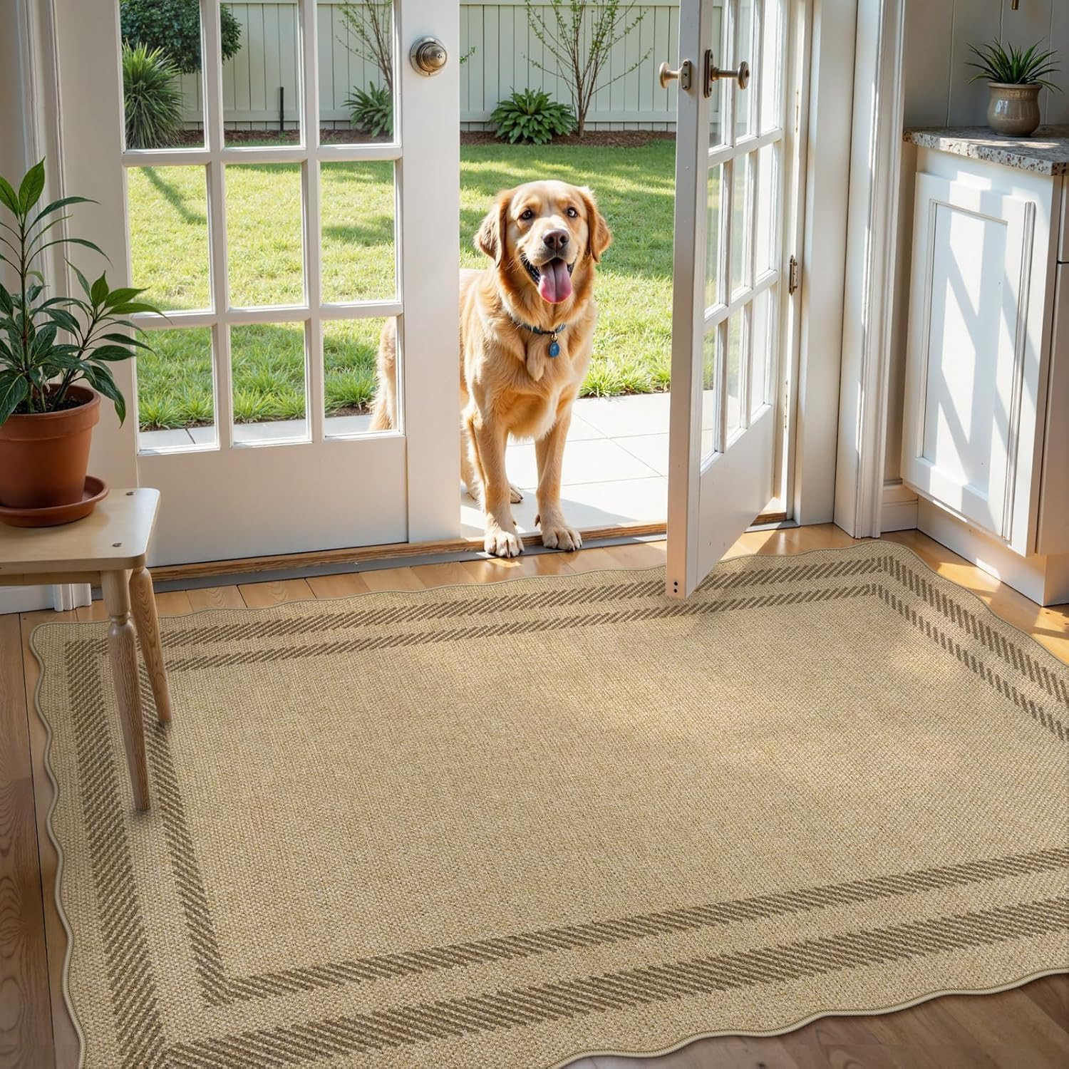 LIVEBOX Scalloped Easy Jute 3X5 Outdoor Rug, Washable Non-Slip Geometric Tan Rug