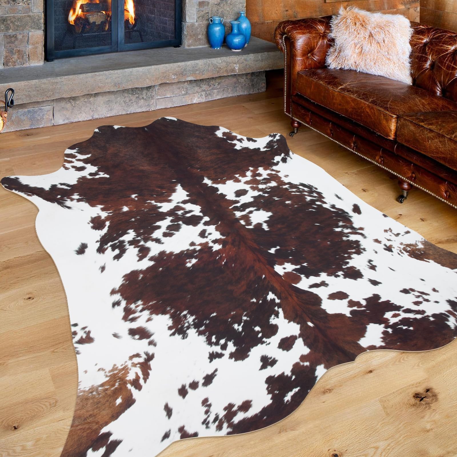 Brown Faux Cowhide Rug 4.6×5.2 ft Cow Print Area Carpet For Living Room