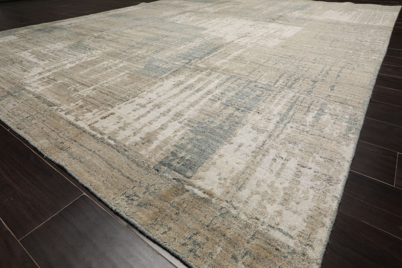 8×10 Beige, Slate Hand Loomed Tibetan Sherpa Modern Wool & Silk Area Rug
