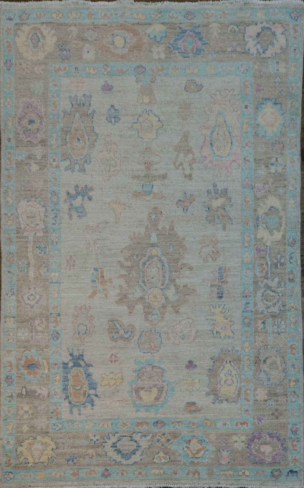 Vegetable Dye Oushak Turkish Area Rug 4×6 Ft Handmade Floral Beige Wool Carpet