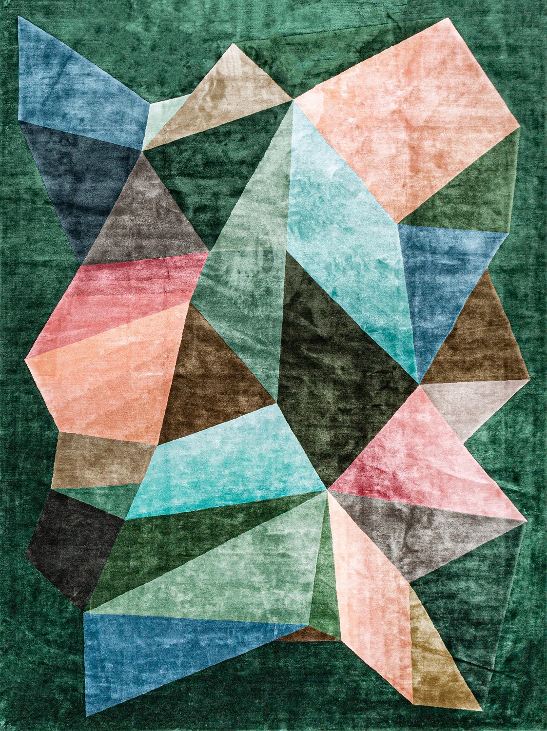 Modern Geometric Area Rug, Abstract Design on Emerald Green | Luxury Handmade