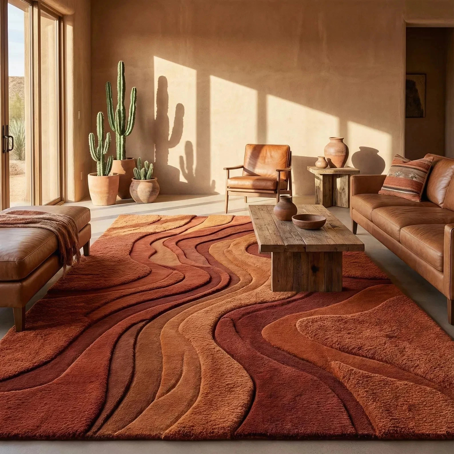 Hand-Tufted Desert Wave Wool Rug Sculpted Sand Dune Design in Terracotta Carpet