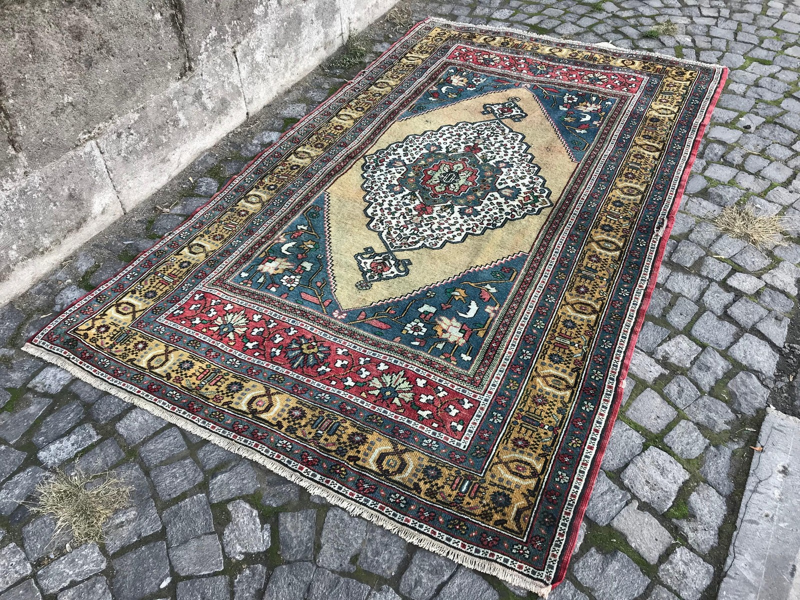 Turkish Rug, 4,9×8,2 ft Vintage Rug, Blue Yellow Polka dot Wool Rug