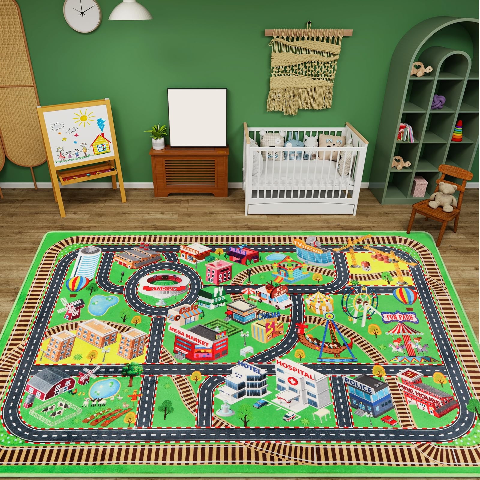 Kids Rug Play Mat for Toy Cars, City Life 3D Road Traffic 39.4″×59″ for Playr…