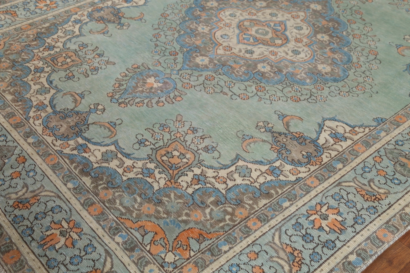 Sage Green Over-Dyed Wool Tebriz Vintage Handmade Living Room Area Rug 7×10
