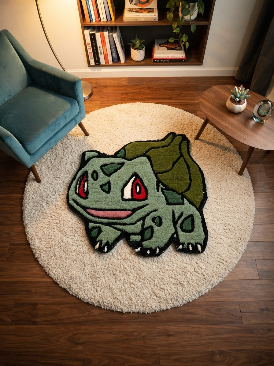 Handmade Bulbasaur Tufted Rug, Anime Gaming Area Rug, Custom Wool Decor Mat
