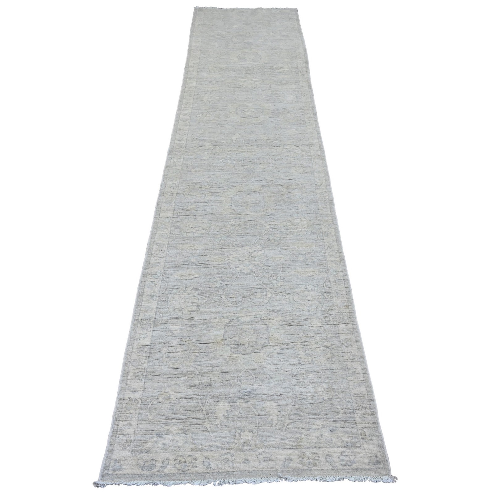 2’7″x11’9″ Gray Washed Peshawar Leaf Design Wool Hand Knotted Runner Rug R20683