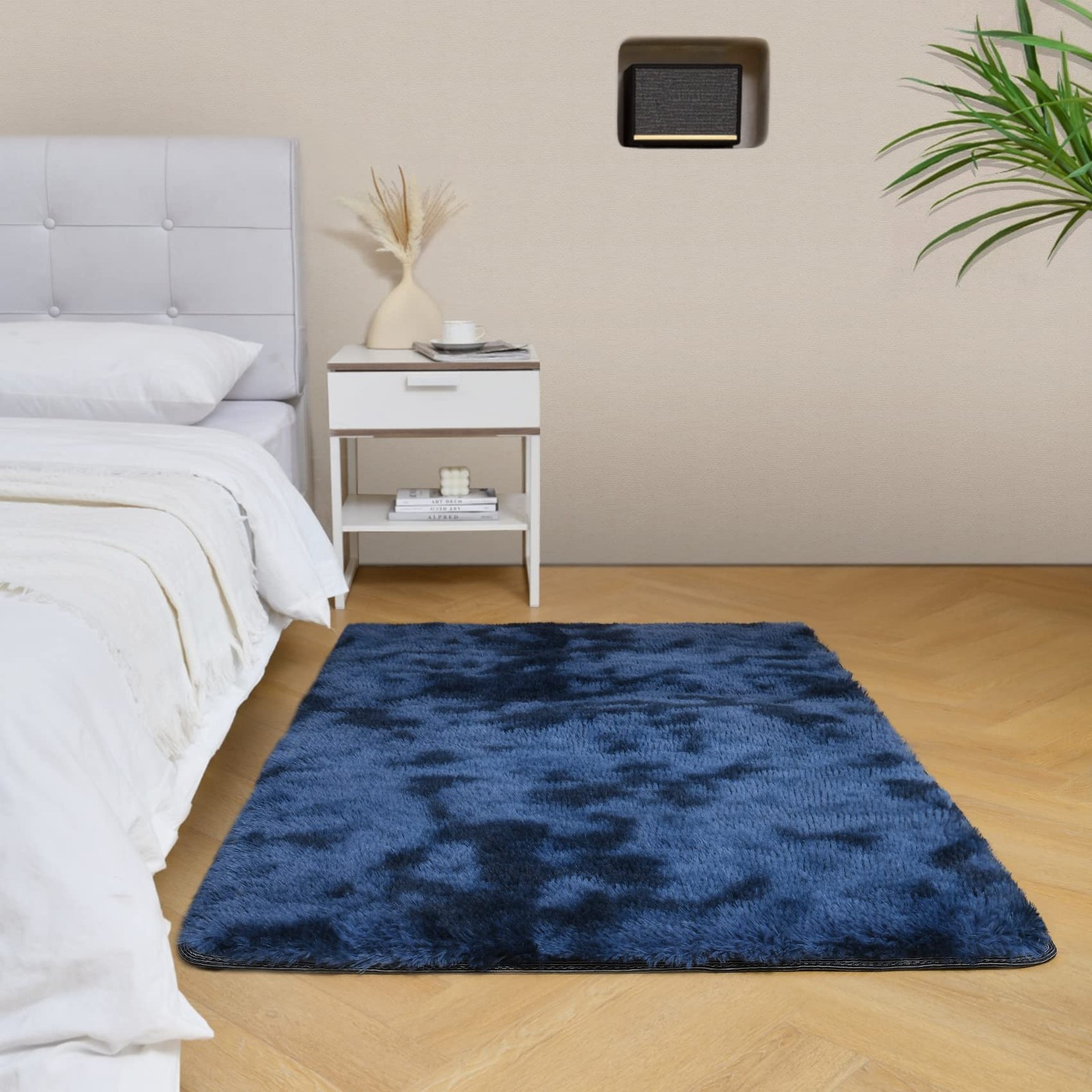 Navy Blue Fluffy Bedroom Rug 3×5 ft, Tie-Dye Shag Plush Area Rug for Nursery …