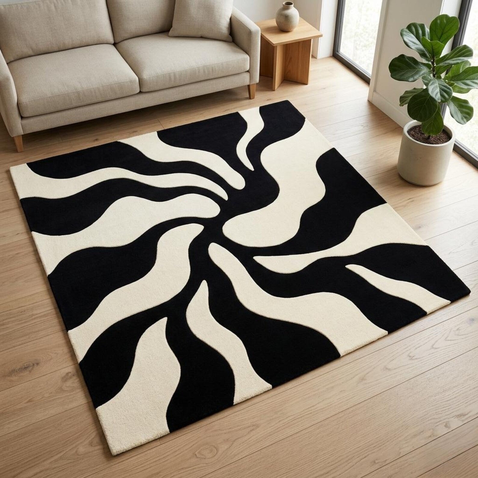 Black White Abstract Swirl Rug, Modern Hand Tufted Wool Area Rug, Living Room