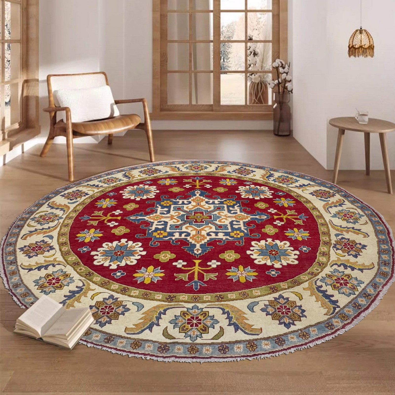 Classic Red Kazak Round Rug Medallion Hand Knotted Room Sized 7’7×7’10 Ft R37630