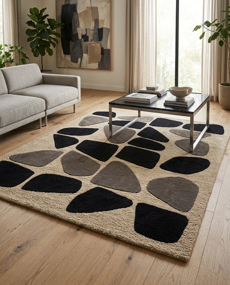 Premium Hand Tufted Wool Area Rug Modern Abstract Geometric Beige Black Gray Rug
