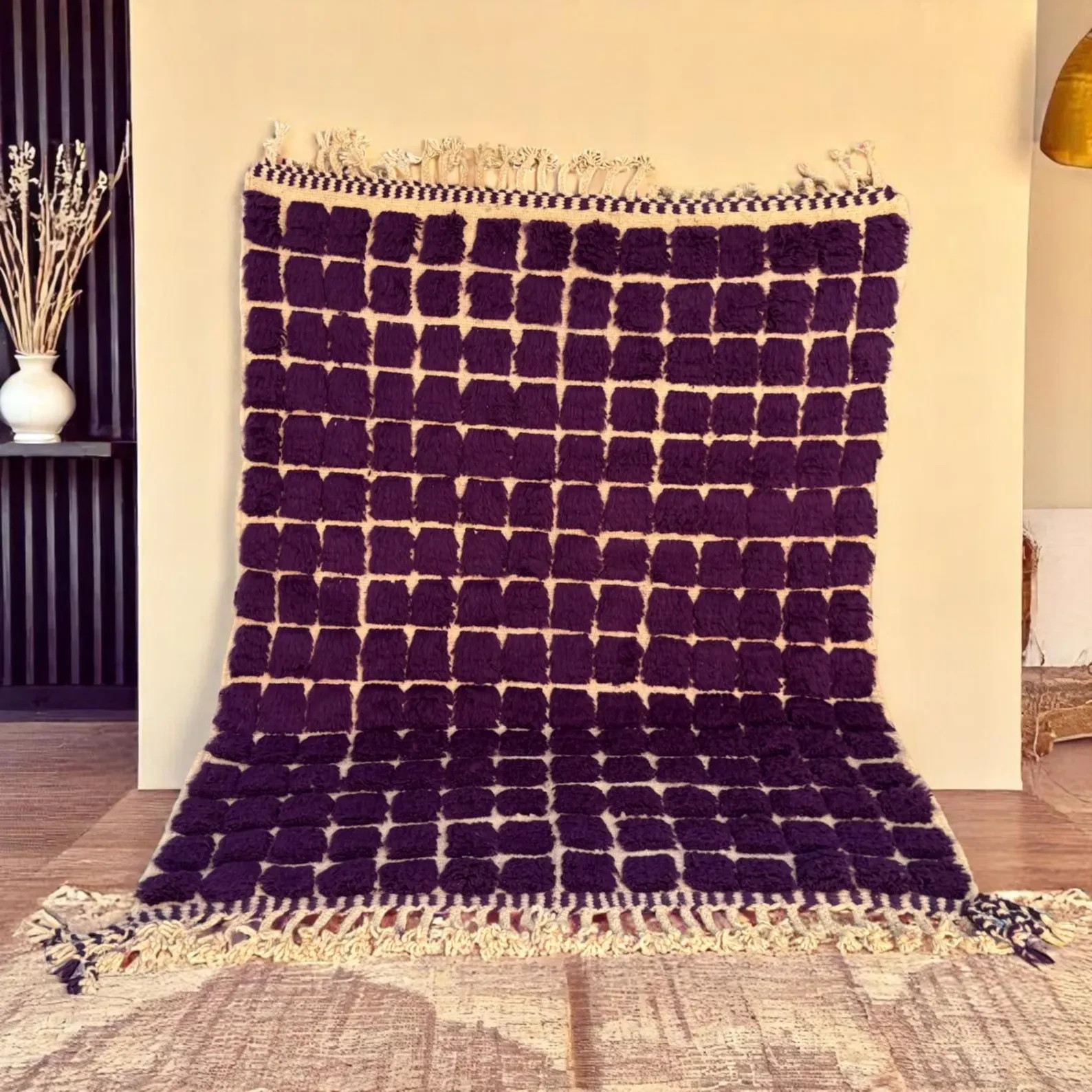 Moroccan Berber Beni Ourain Wool Rug Color Dark Purple & Ivory Design Carpet Rug