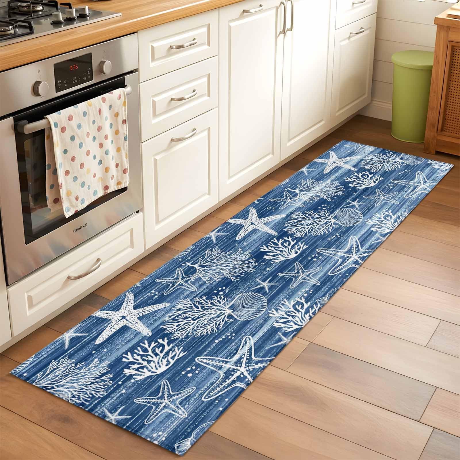Navy Blue Coastal 2×6 Kitchen Runner Rug, Ocean Coral Starfish Non-Skid Backi…