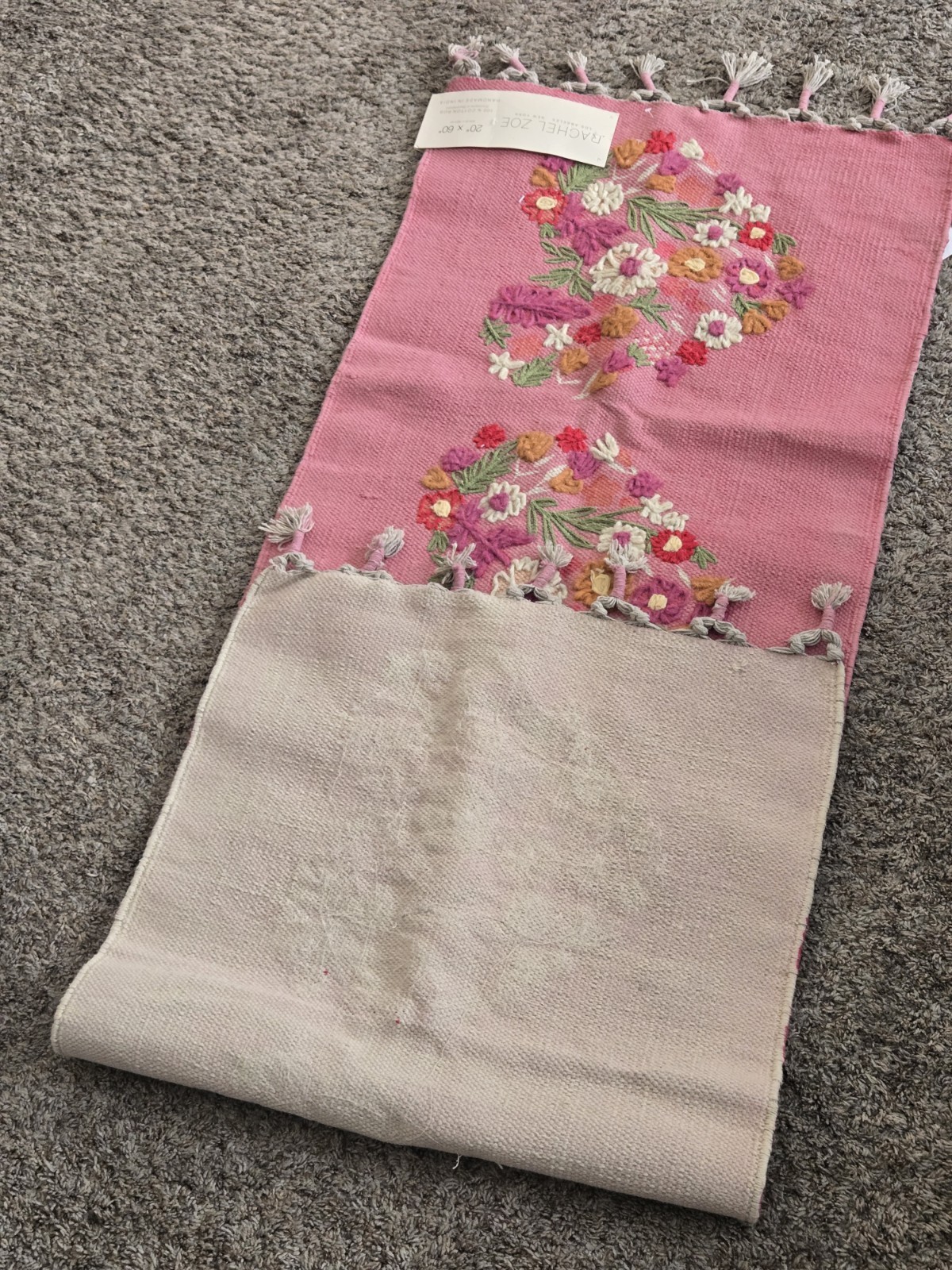 Rachel Zoe 100% Cotton Embroidered Rug 20”x60” New Made In India Pink