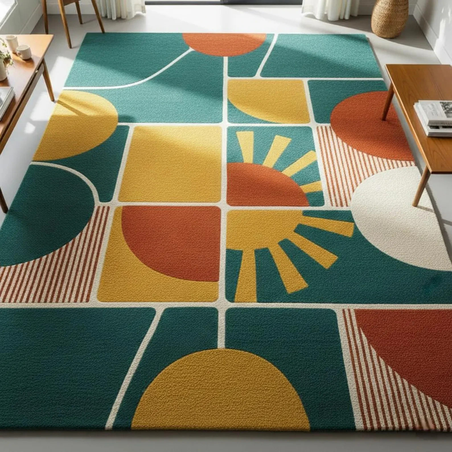 Mid-Century Modern Area Rug – Geometric Sun, Teal & Mustard hand tufted carpet