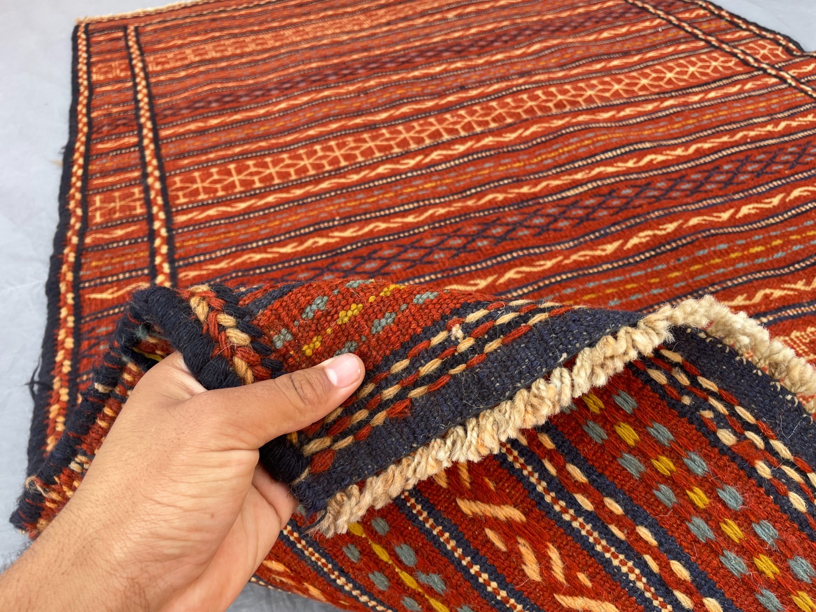 3’7 x 5’5 Ft Handwoven Afghan Soumak Kilim – Vibrant Red and Blue Tribal Design