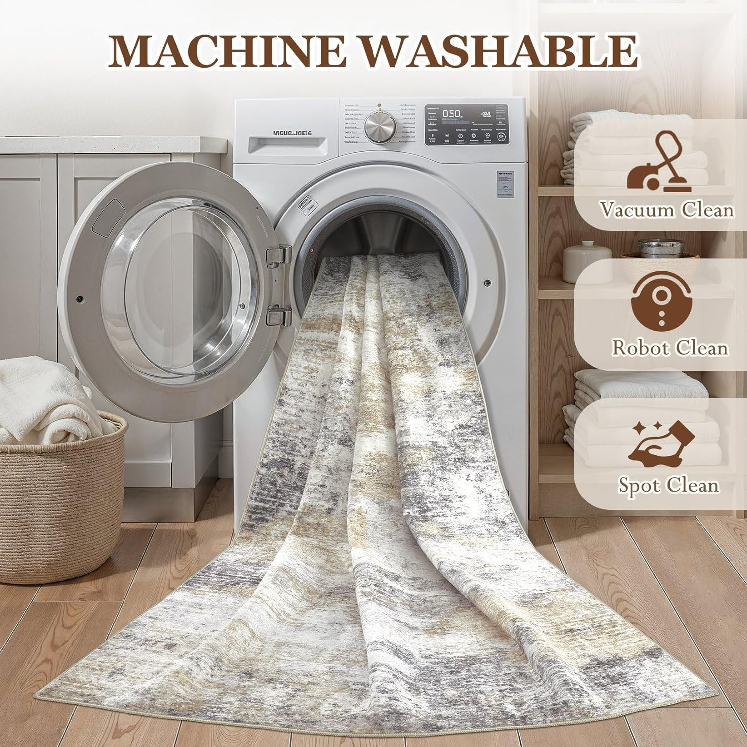 Modern 8×10 Washable Area Rug – Soft Non-Slip Indoor Carpet in Goldbrown