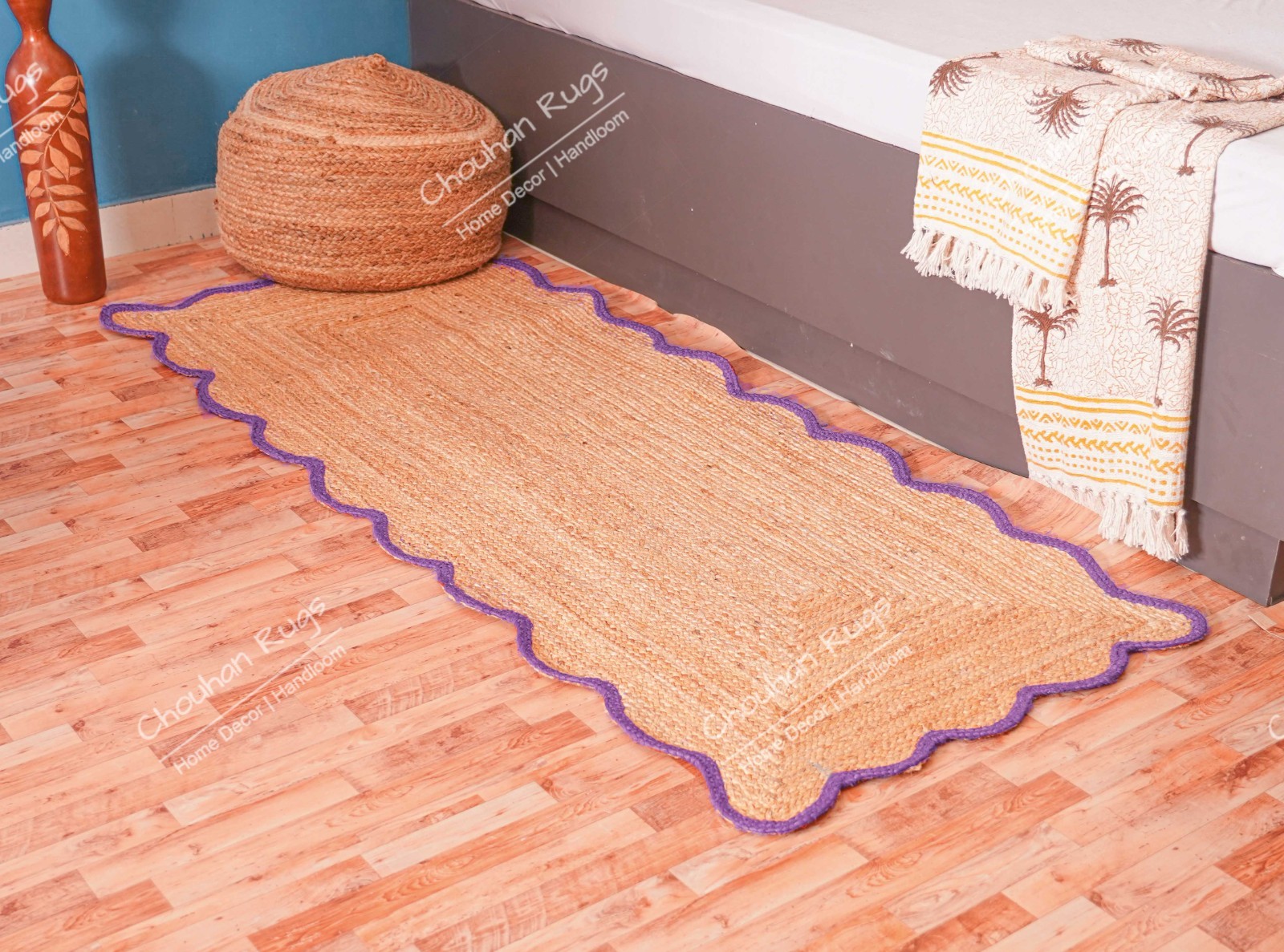 Handmade jute runner rug with purple border boho large area rug for home decor