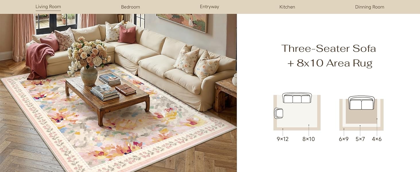 2×3 Washable Area Rug for Entryway Beige Pink Floral Abstract Soft Throw Rug