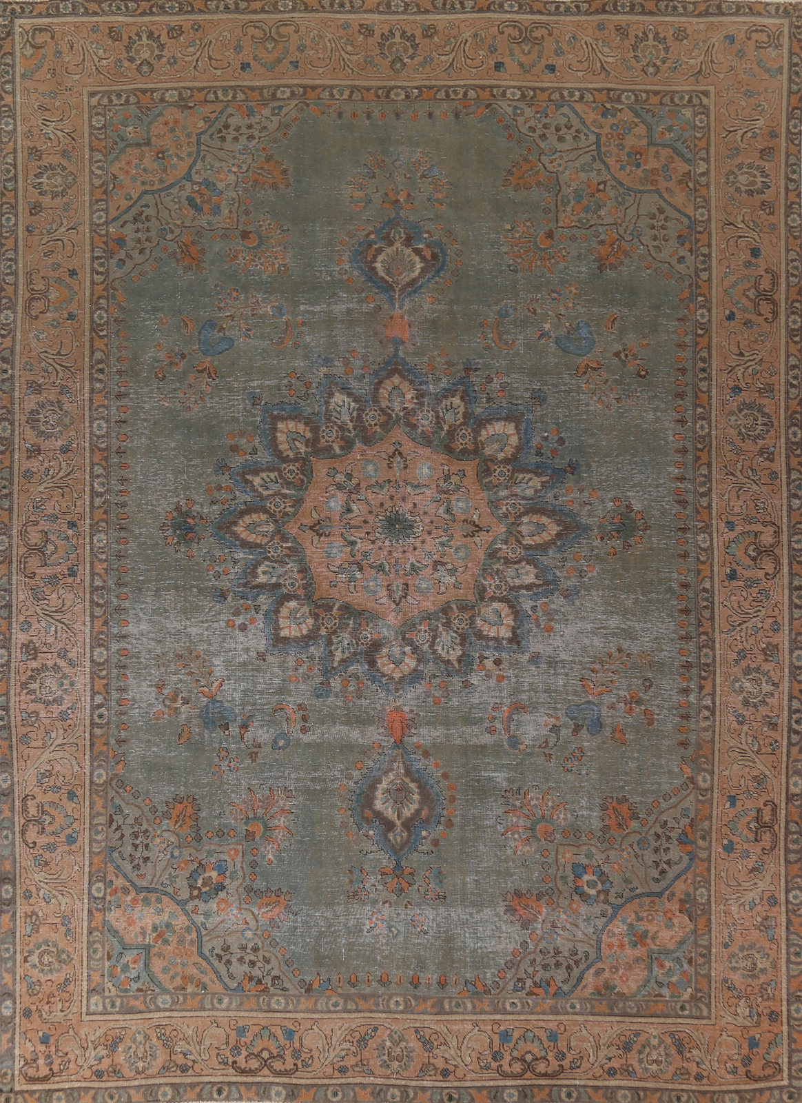 Floral Sage Green Handmade Tebriz Semi-Antique Rug 10×13 Wool Living Room Carpet