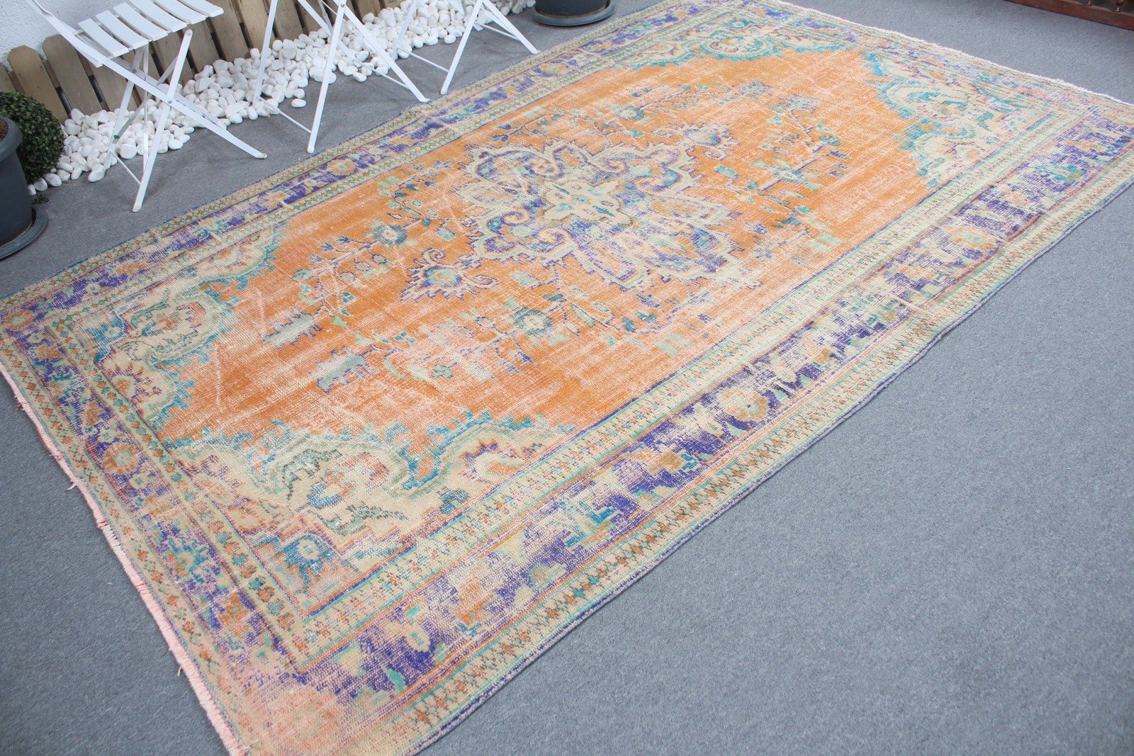 Turkish Vintage Rug 5,9×9,5 ft (180×290 cm), Orange Blue Oriental Rug