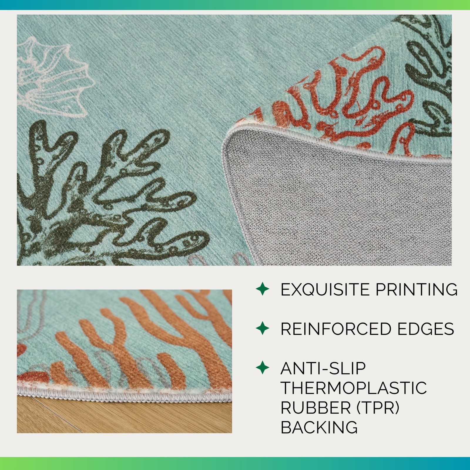 Coastal Coral Ocean Washable Runner Beachy Nautical Vibe (Aqua, 2′ x 6′)
