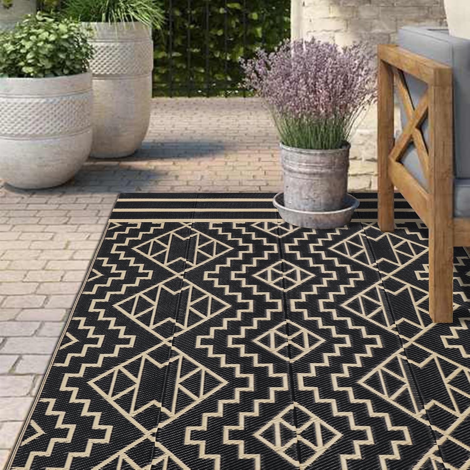 Reversible Plastic Rug 5×8 Outdoor Patio RV Beach Deck Black Beige