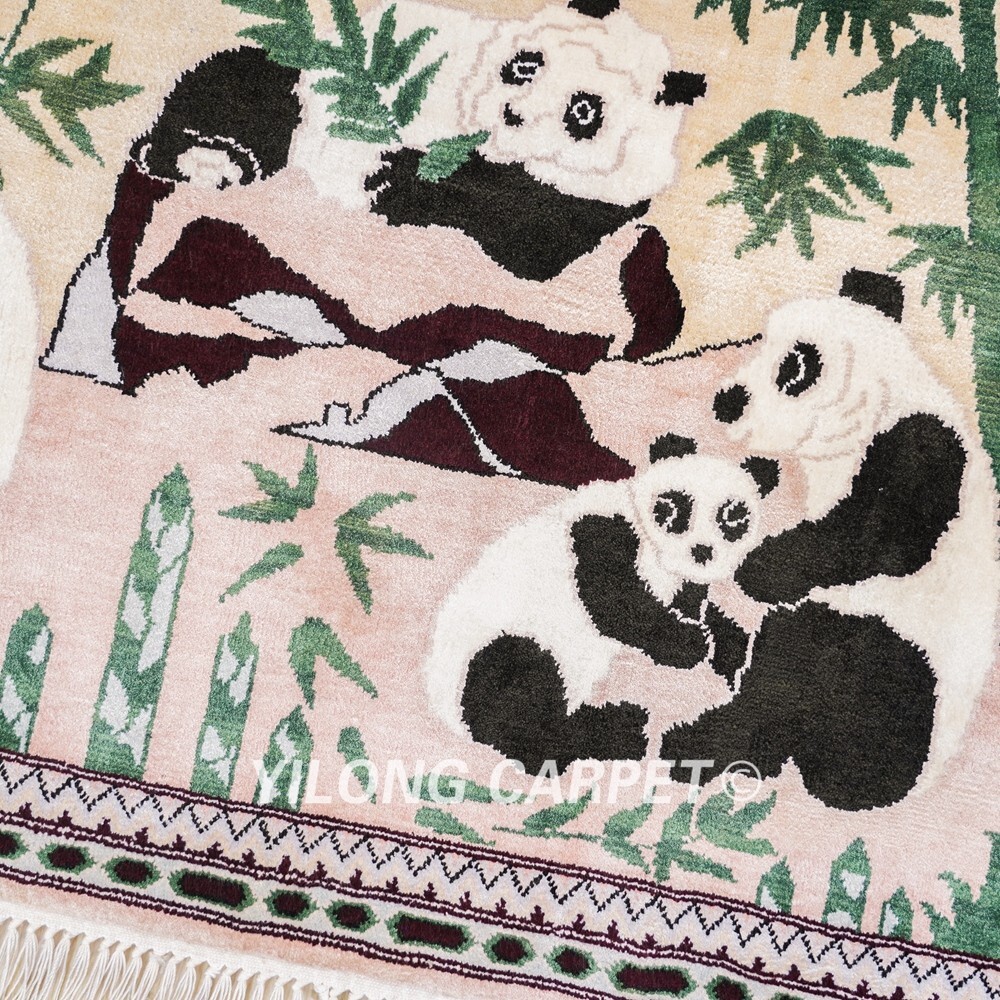 2x3ft Handmade Silk Area Rug Pandas Pattern Tapestry Hand-knotted Carpet LJH095A