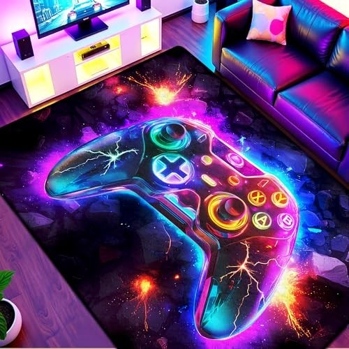 Video Game Area Rug 5×7 ft Neon Controller Design Low Pile Non Slip Gamer Decor