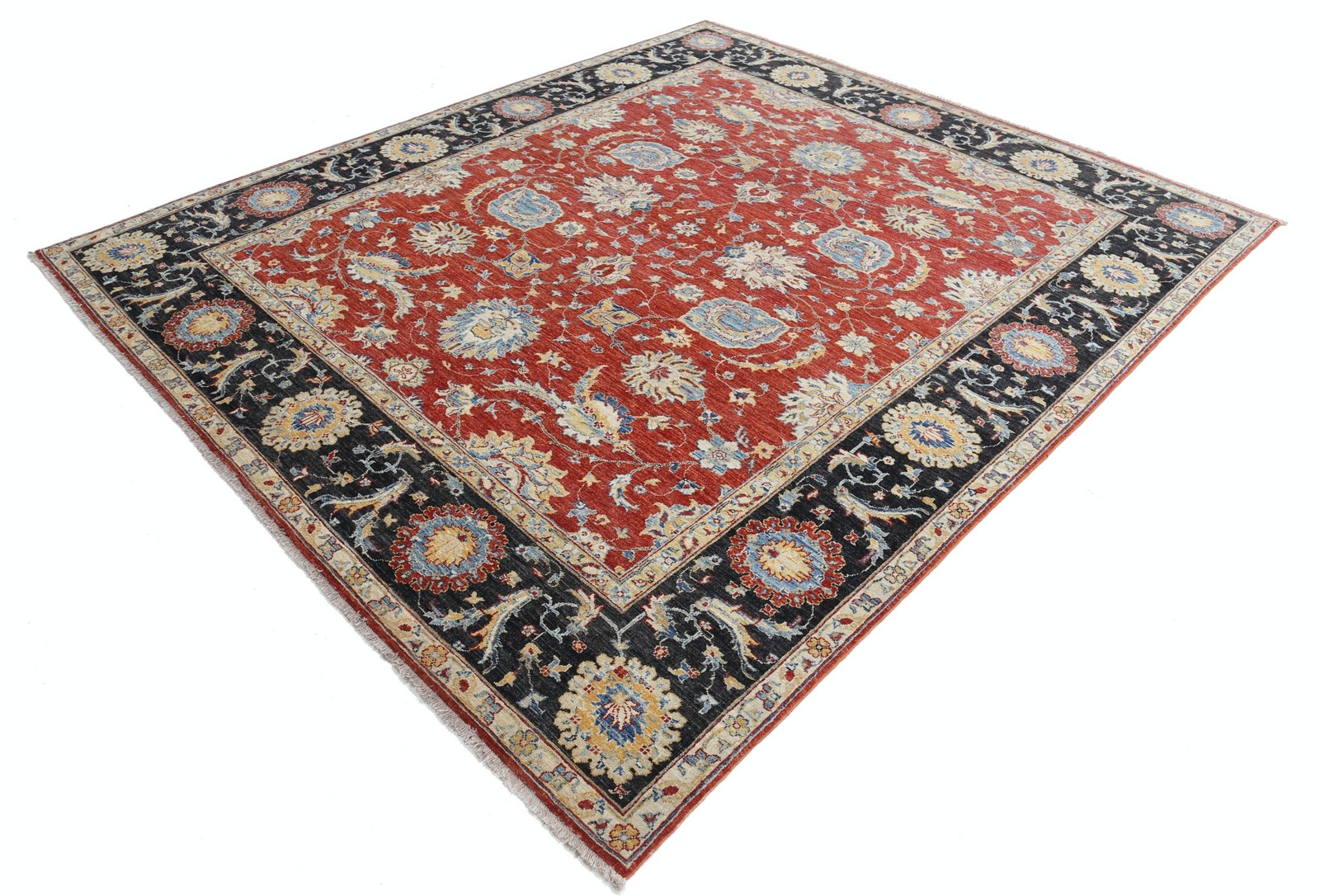 8.2×9.5 ft Handknotted Red, Navy Blue, Beige Wool Rug. Traditional Floral Carpet