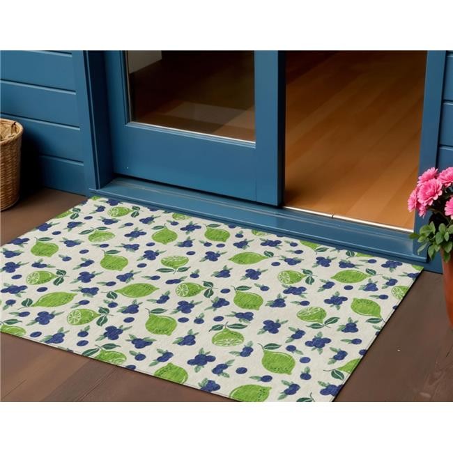 3×5 ft. Linen Green & Blue Lemons Washable Transitional Indoor & Outdoor Rect…
