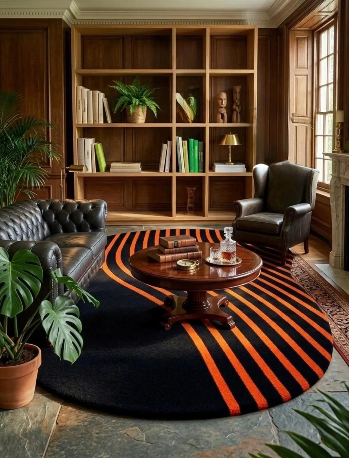Hand Tufted Wool Rug Abstract Irregular Shape, Mid Century Modern Black Orange