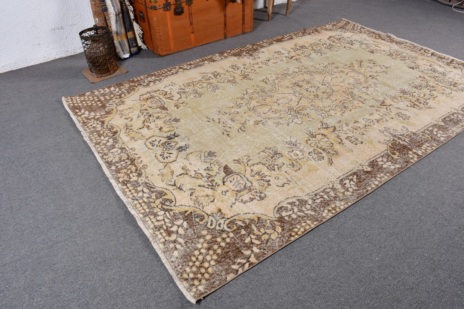5,9×9,4 ft Vintage Rug, Turkish Large Rug, Brown Yellow Abstract Wool Rug
