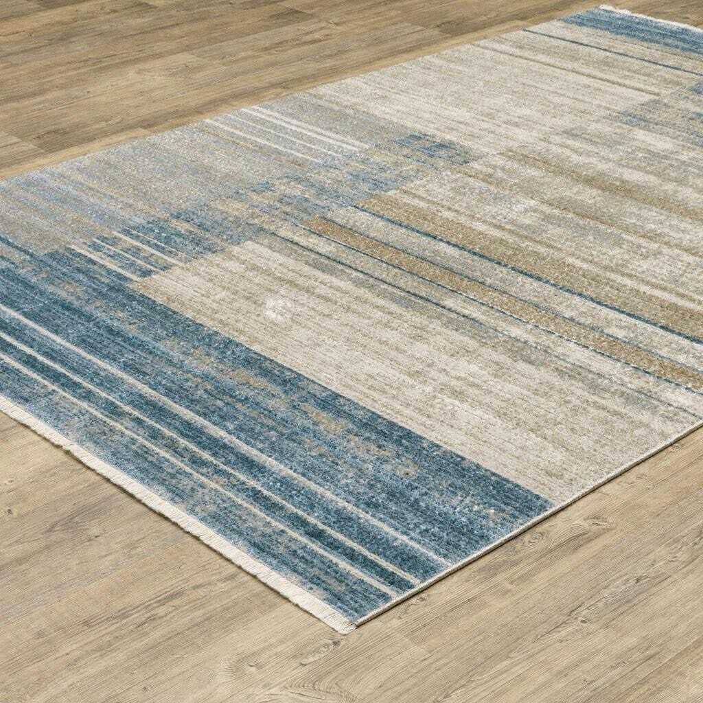 5′ X 8′ Blue Dark Blue Teal Grey Ivory Beige And Tan Geometric Power Loom Stain
