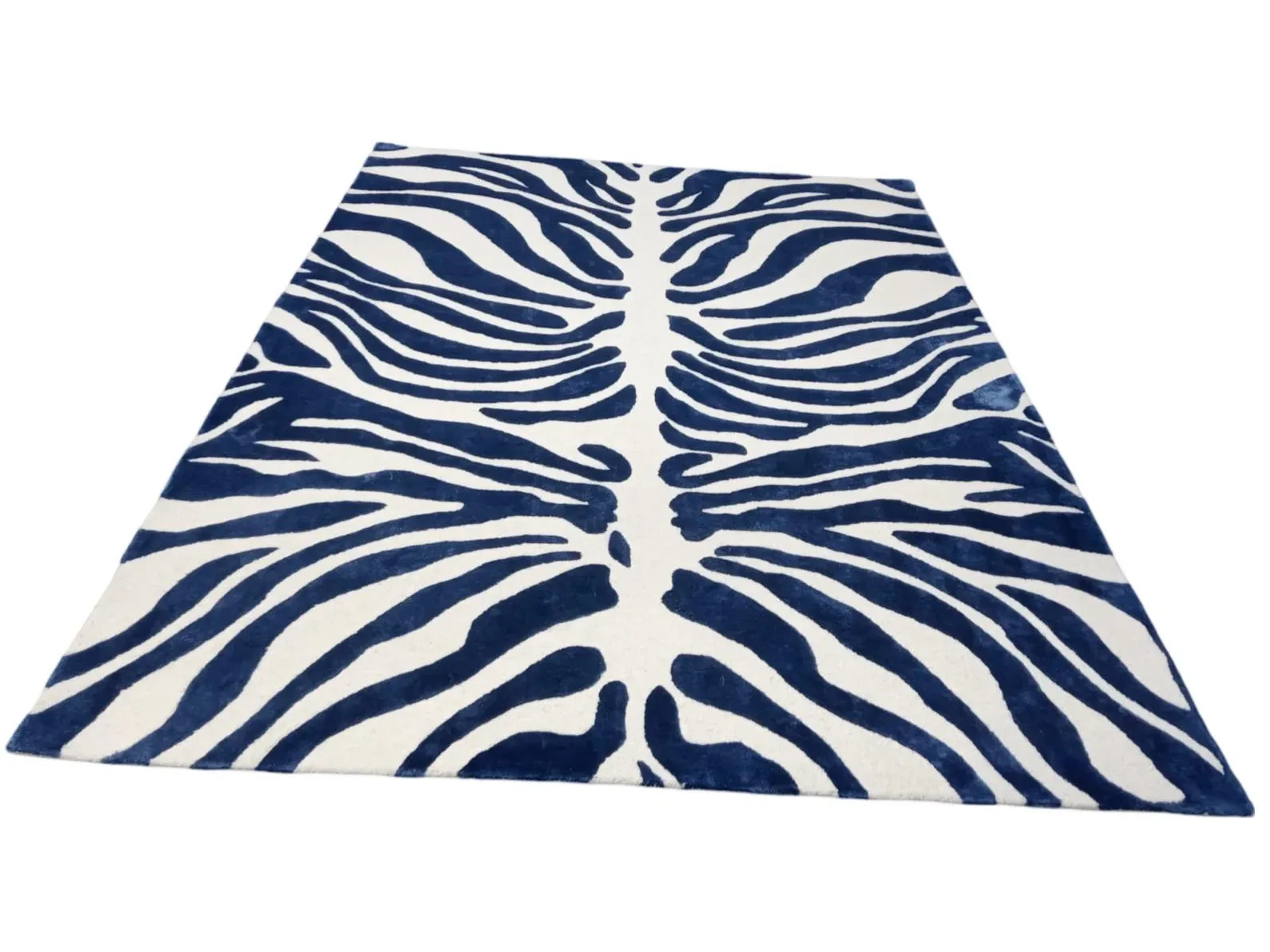 Hand Tufted Wool Zebra Print Rug, Blue and White