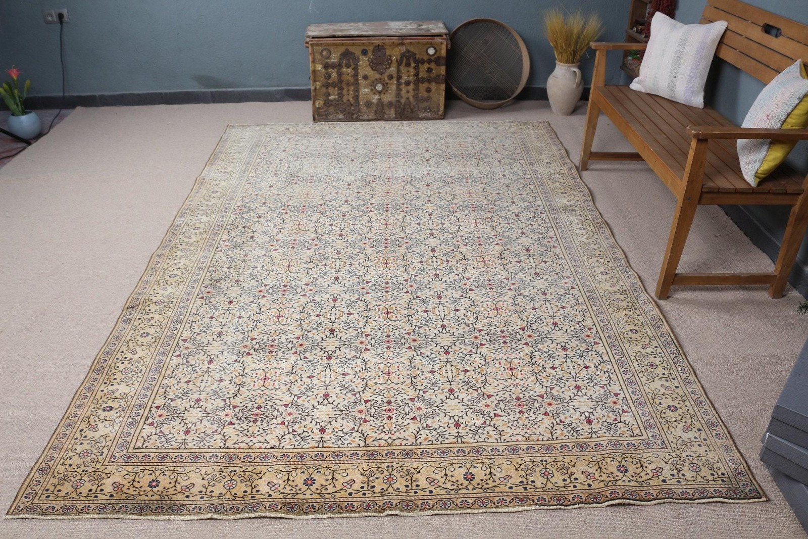 6,4×9,4 ft Turkish Rug, Vintage Large Rug, Beige Abstract Wool Rug