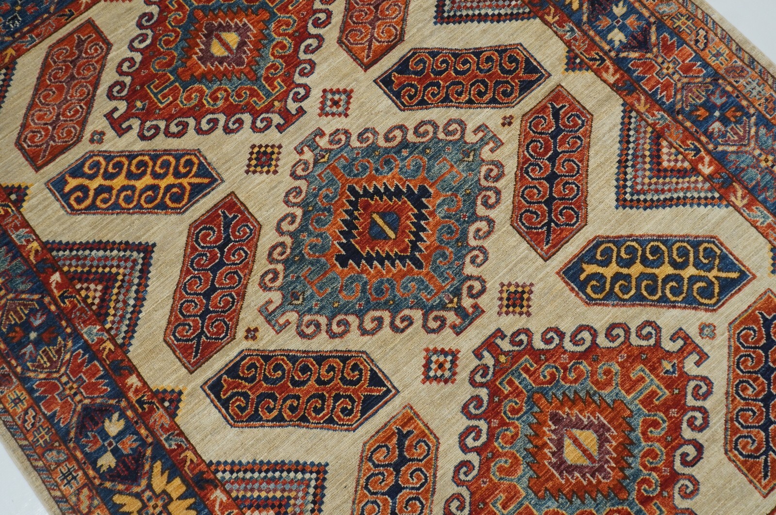 5×7 ft Beige Kazak Afghan Hand Knotted Wool Geometric Rug