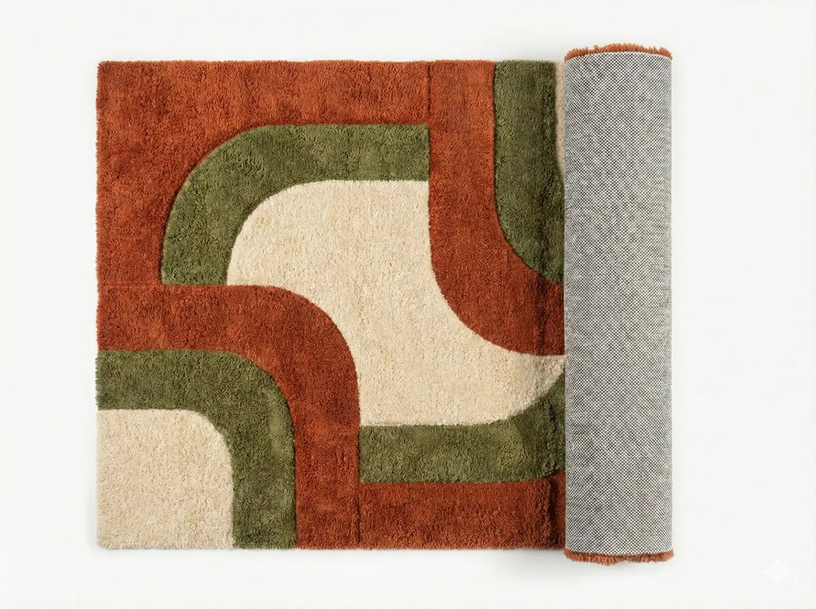 Burnt Orange Olive Green & Cream Retro Abstract Curved Hand Tufted Area Rugs