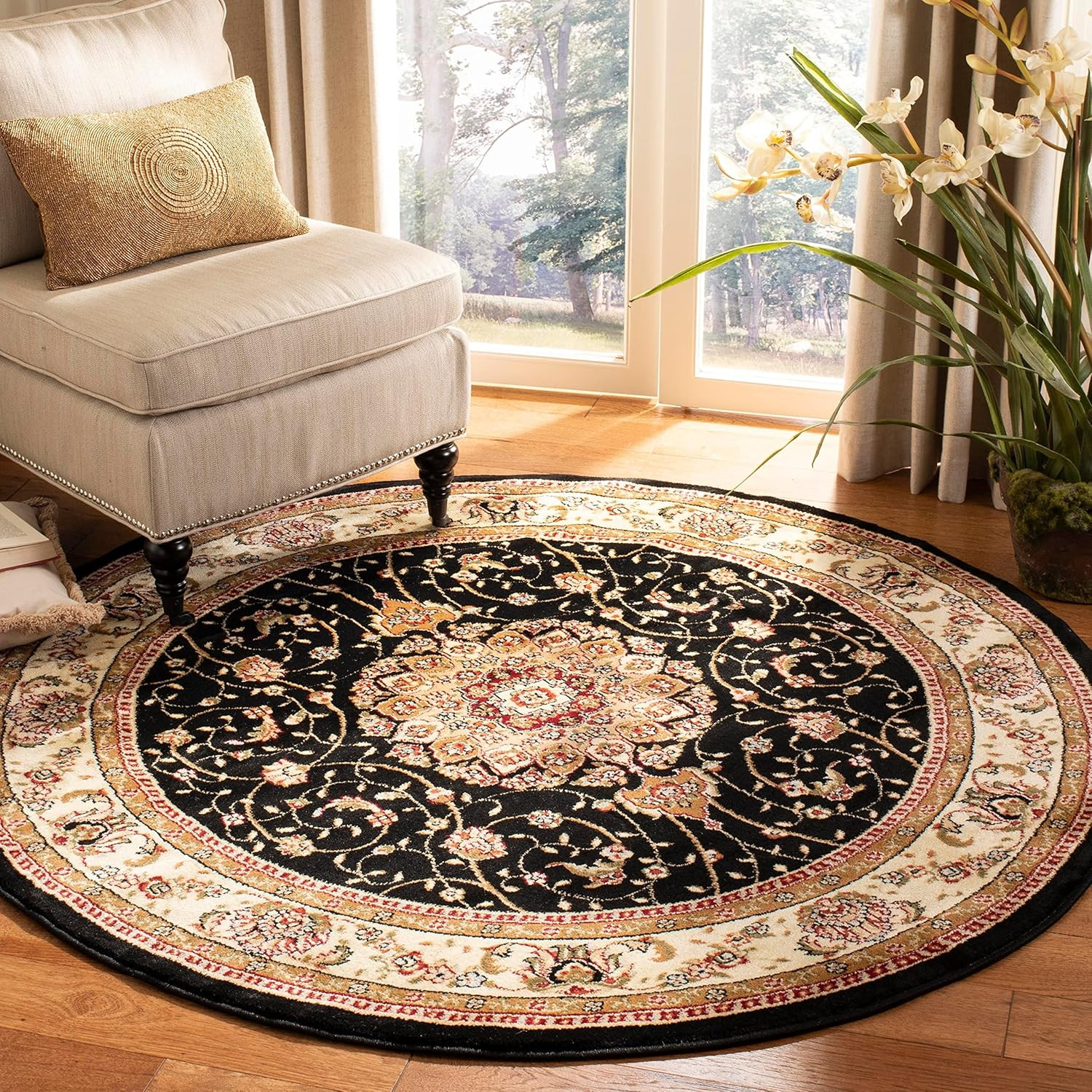 Lyndhurst Collection Area Rug – 7′ Round, Black & Ivory, Traditional Oriental De