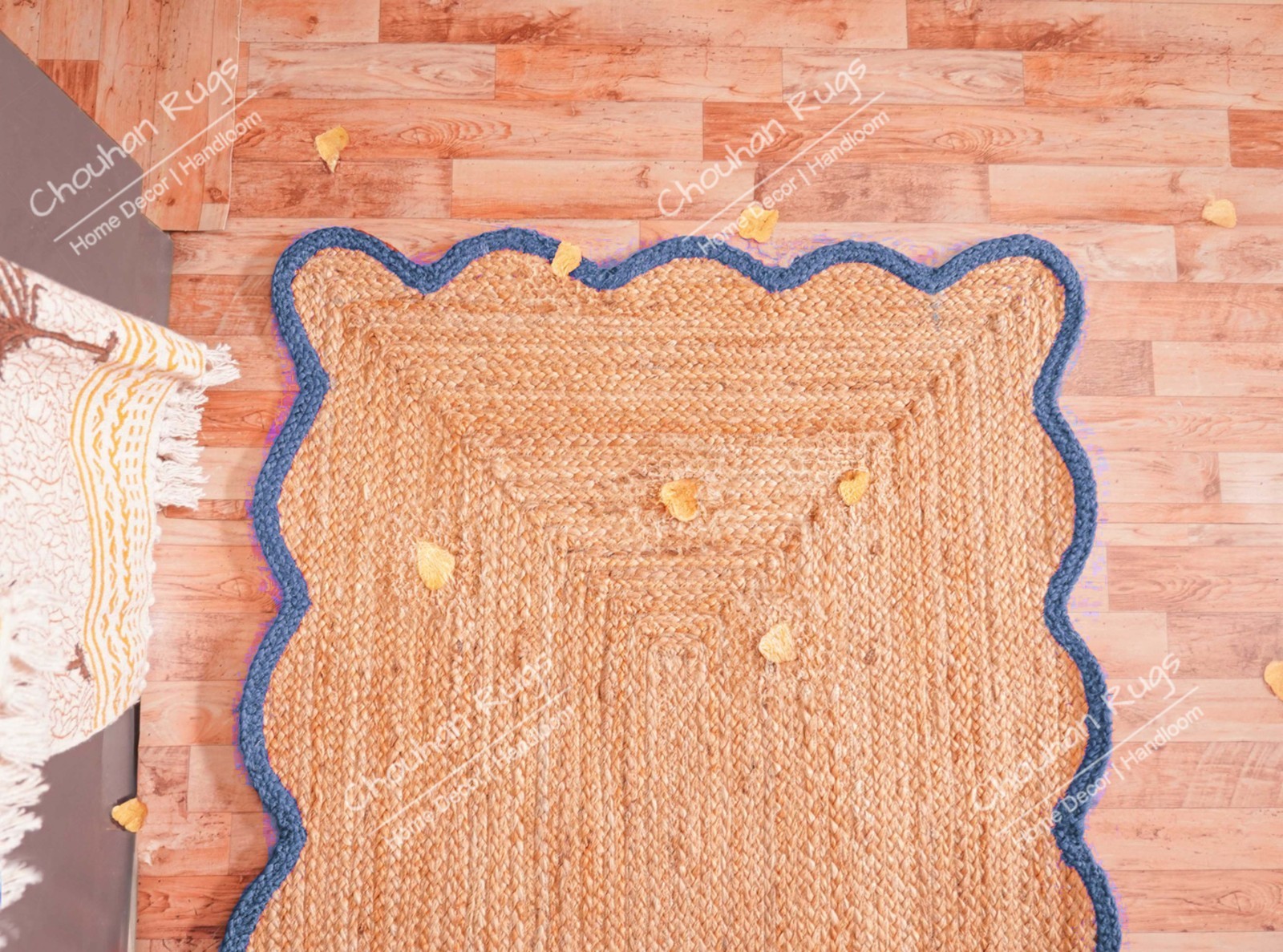 Handmade Natural Jute Rug With Light Blue Border Vintage Hallway, Home Decor Rug