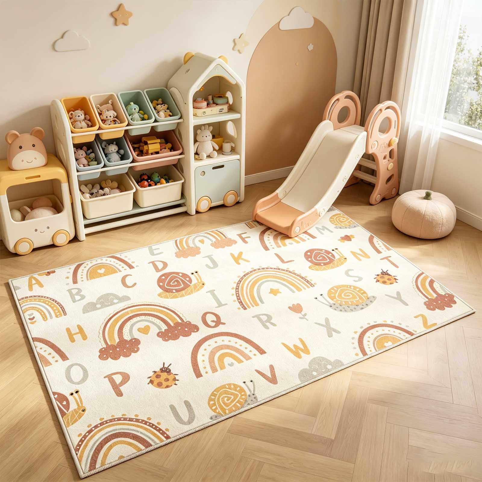 Kids Rug 3×5 Non-Slip Rainbow Alphabet for Playroom – Machine Washable Decor